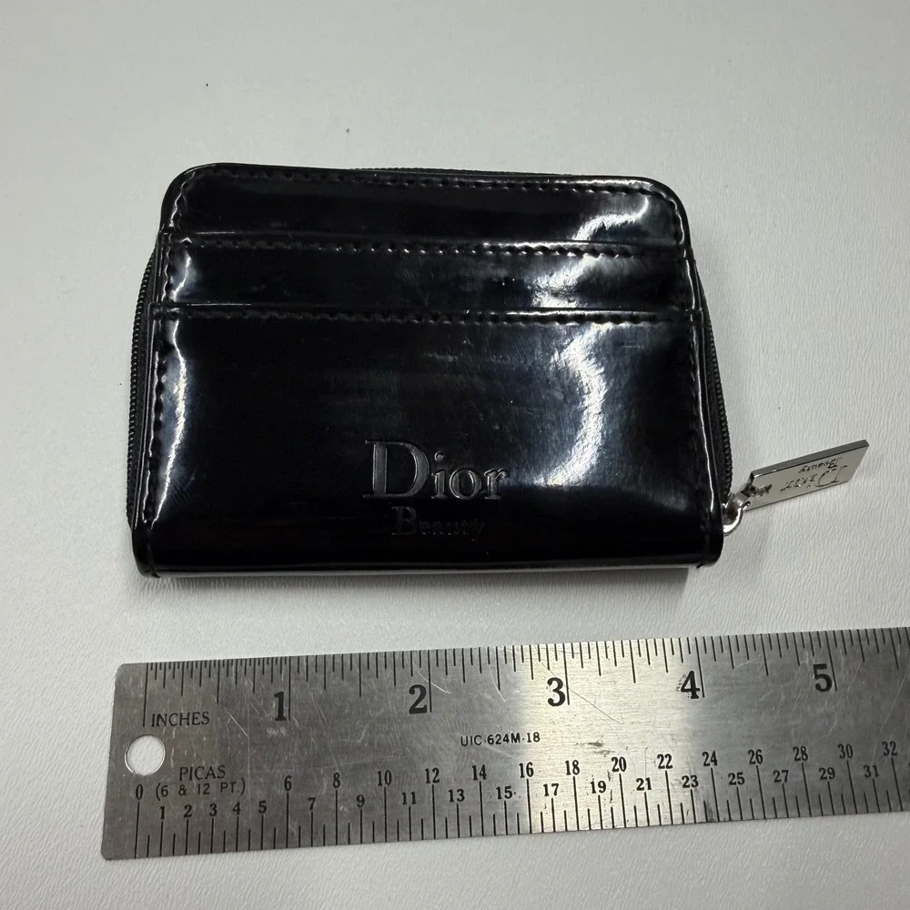 Dior Beauty Black Patent Zip Around Card Holder Wallet Silver Tone Logo